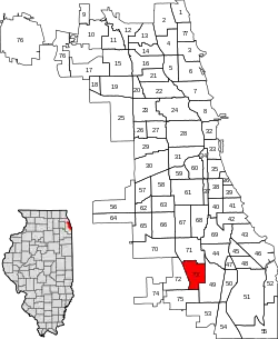 A pictorial depiction of the 77 Chicago community areas are in white. Area #73, Washington Heights (in the city's southwest corner), is highlighted in red.