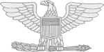 White metal eagle with wings spread and head turned right, clutching olive branch in right talon and arrows in left talon, bearing escutcheon in French style shape of horizontal stripes above vertical stripes