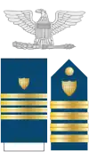 The eagle, shoulder boards, and dress blue sleeve stripes of a U.S. Coast Guard captain