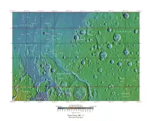 Tography map of Oxia Palus region of Mars showing the location of a number of chaos regions, including Aram Chaos.