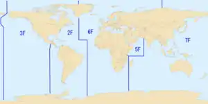 Mercator projection map depicting the areas of responsibility of the various numbered fleets of the United States Navy, as of 2007