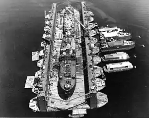 Sister ship: USS Artisan (ABSD-1) with USS Antelope (IX-109) and LST-120 in the dock at Espiritu Santo, New Hebrides Islands, 8 January 1945