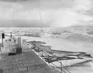 View from the bow of the Boarfish in the Chukchi Sea in 1947