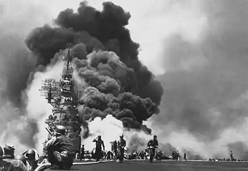 Bunker Hill burning after kamikaze strikes, 11 May 1945