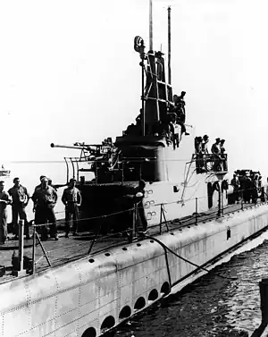 Officers and crew of Gabilan prepare to come ashore, probably at Brisbane, Australia, 1944.