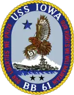 Seal of the Battleship USS Iowa (BB-61), featuring a blue and gold trim around a small image of the battleship and an eagle in the air. The words "USS Iowa" and "BB 61" can be seen at the top and bottom of the circle, while the left and right of the circle contain the words "our liberties we prize" and "our right we will defend", respectively.