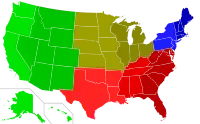 The four United States Census Bureau Regions separated by color, with the nine Census Divisions further delineated by shading