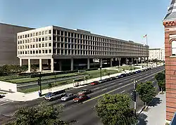 Looking at a Modernist federal office building from the northeast