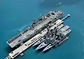 JS Hamagiri, USS Essex, JS Myōkō, JS Shimakaze and JS Natsushio at Okinawa on 28 February 2003.