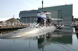 Pre-commissioning Unit New Hampshire (SSN-778) sits moored to the pier at General Dynamics Electric Boat shipyard moments before her christening ceremony commenced.