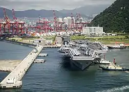 USS George Washington being moved into dock