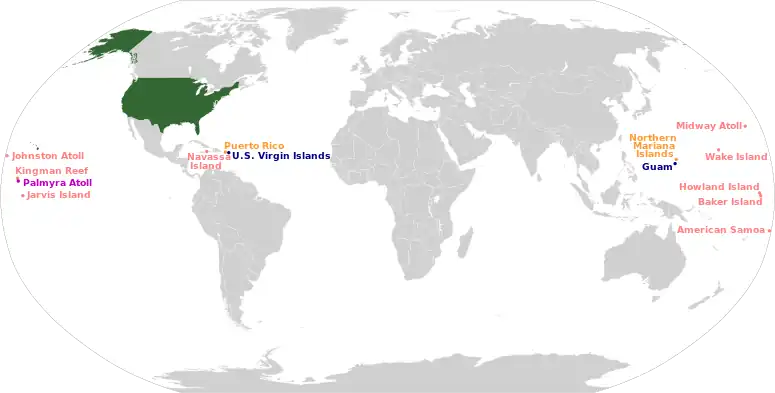 A world map highlighting the several island claims of the United States