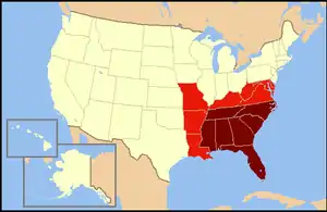 Dark red states are usually included in definitions of the Southeastern United States. Light red states are less frequently but sometimes considered part of the Southeastern United States.