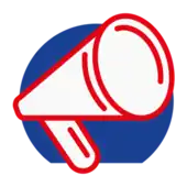   United Voices of the World Logo, depicting a red outlined white megaphone on a blue circle.