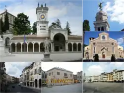 Top: San Giovanni Clock Tower and Liberta Square, Angel monument at Udine Santa Maria Church, Udine Cathedral, (left to lower right) Bottom: Via Mercatovecchio [it], Loggia del Lionello, Matteotti Square [it] (left to right)