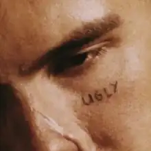 A closeup photo of Slowthai's left eye with the album title written on his cheek right below.