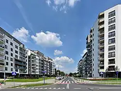 Apartment buildings at Hubalczyków Street, located in Odolany, in 2018.