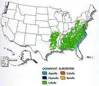 Map showing distribution and types of Ultisols throughout the United States; there is no Ultisol on the Ohio River flood plains, as the river has historically deposited other soil types there during its regular natural flooding.