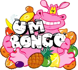 Pink hippopotamus surrounded by fruit, holding the words "Um Bongo"