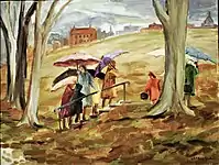 Umbrellas and Children, oil on board, Gallery Gevik