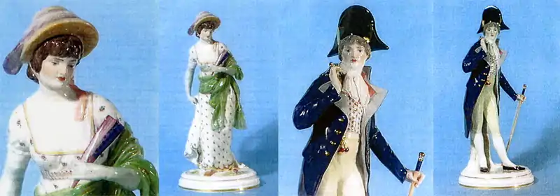 Figurines by Jacob Ungerer: „ Elegant Lady with Fan“, „Gentleman with Field glasses and Walking Stick", 1902