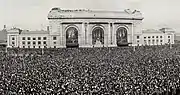 A large crowd gathered in front of Union Station for the 1921 dedication of the Liberty Memorial site.