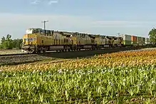 Image 9A Union Pacific freight train; high clearances enable double-stacked containers to be carried in well cars. (from Train)