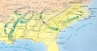 Map of Union movements in the American Civil War, showing the Camden expedition moving south from Arkansas, and the Red River campaign moving north from Louisiana