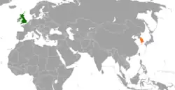 Map indicating locations of United Kingdom and South Korea