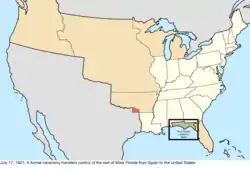 Map of the change to the United States in central North America on July 17, 1821