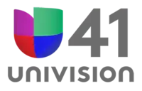 The Univision network logo, a 3D compilation of purple, red, green and blue elements that loosely form the letter U. Next to it is the letter 41 in a gray sans serif. Underneath is the word "Univision" in gray, stylized in unicase.