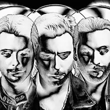 A monochrome negative image of the members of Swedish House Mafia with circles overlapping behind them.