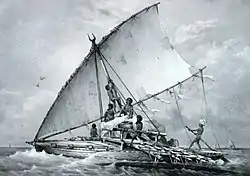 Image 10An Austronesian outrigger canoe; Malagasy vahoaka "people" is from Proto-Malayo-Polynesian *va-waka "people of the canoe". The Vahoaka Ntaolo, the first Austronesian ancestors of the Malagasy, probably used similar canoes to reach the great island from the Sunda Islands (from History of Madagascar)