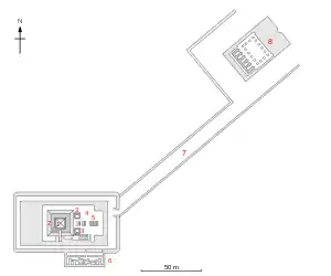 Layout of a temple, its main building being rectangular and connected to a long causeway