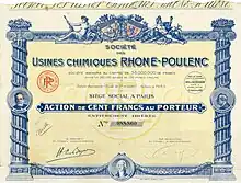 Founder's stock certificate of the Société des Usines Chimiques Rhône-Poulenc for 100 francs, issued on 5 September 1928 in Paris, with the signature of Hippolyte-Eugène Boyer as Chairman of the Supervisory Board