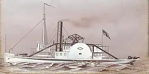 Drawing shows a paddle-wheel gunboat flying a U.S. flag.