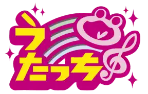  logo for Utacchi. it is a bright pink toad over japanese characters and a clef note