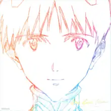 A multi-coloured character sketch of Shinji Ikari on a white background