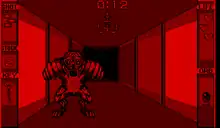 A red-and-black screenshot displaying a clawed, bipedal creature attacking the protagonist. The setting is a long hallway that ends in darkness, and has user interfaces on the left and right side, displaying health, ammunition, and other elements.