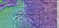 Map showing relative positions of several channel systems in Lunae Palus quadrangle, including the Vedra Valles, Maumee Valles, and Maja Valles. Box indicates where these valleys can be found. Colors show elevation.