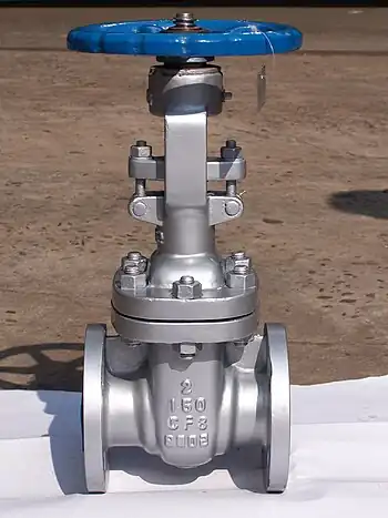 A 2″ stainless steel gate valve with flanged ends.  Bolts connect the lower valve body with the upper “bonnet”.  Visible threads on the valve stem protruding above the handwheel show that this is a rising-stem valve.