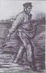 A sower wearing a cap sowing seed. Behind there is a line of bare trees.