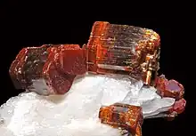 Vanadinite on barite, from Mibladene, Upper Moulouya lead district, Midelt, Drâa-Tafilalet Region, Morocco