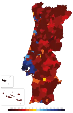 Population change by municipality in Portugal between 2011 and 2020.