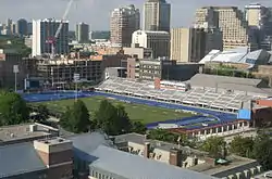 Varsity Arena roof behind Varsity Centre seating, Toronto