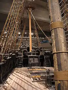 Weather deck of the Swedish 17th-century warship Vasa looking aft toward the sterncastle, with a hand carved taffrail