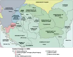 Ottoman Hungary at its peak in 1683, including the principalities of Upper Hungary and Transylvania, and the Kanije, Budin, Egri, Temesvar and Varat eyalets.