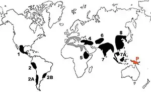 Image 29Centres of origin identified by Nikolai Vavilov in the 1930s. Area 3 (grey) is no longer recognised as a centre of origin, and Papua New Guinea (red, 'P') was identified more recently. (from History of agriculture)