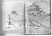 Mediaeval Italian manuscript depicting the Castle of Tentennano on the Via Francigena.