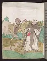 Totentanz, Death comes for a monk, with a book in his belt.